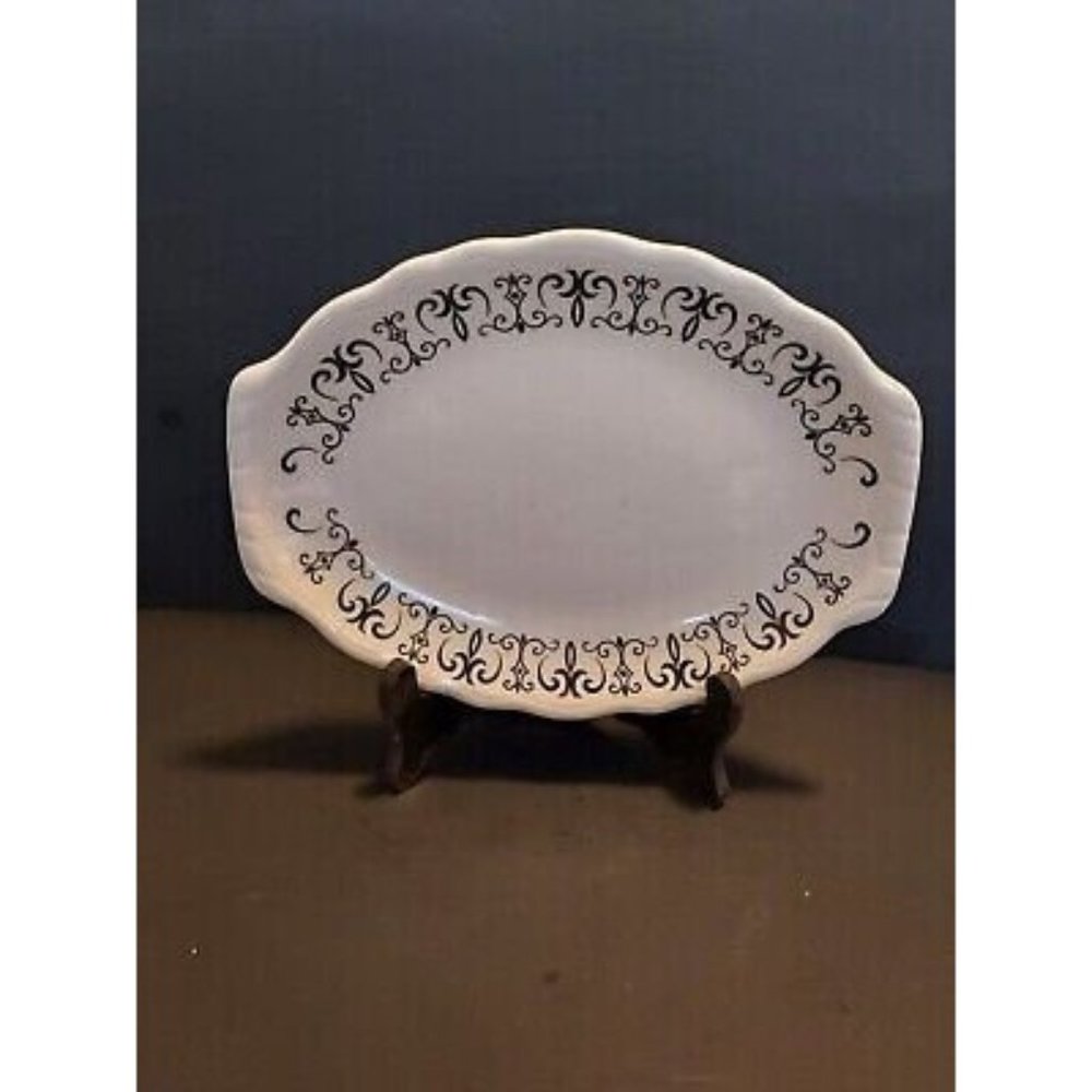 Vintage Homer Laughlin Black Scroll Oval Scalloped Edge platter Restaurant Ware